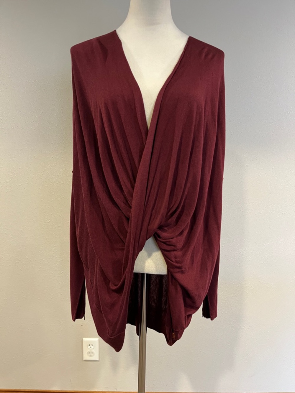 Peace Love World Draped‎ Twist Front Open Cardigan - Burgundy size extra large